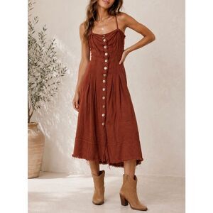 Free People Rust Button Front Midi Dress Boho Cottagecore Sundress